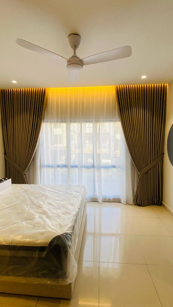 Bedroom taupe curtains LED